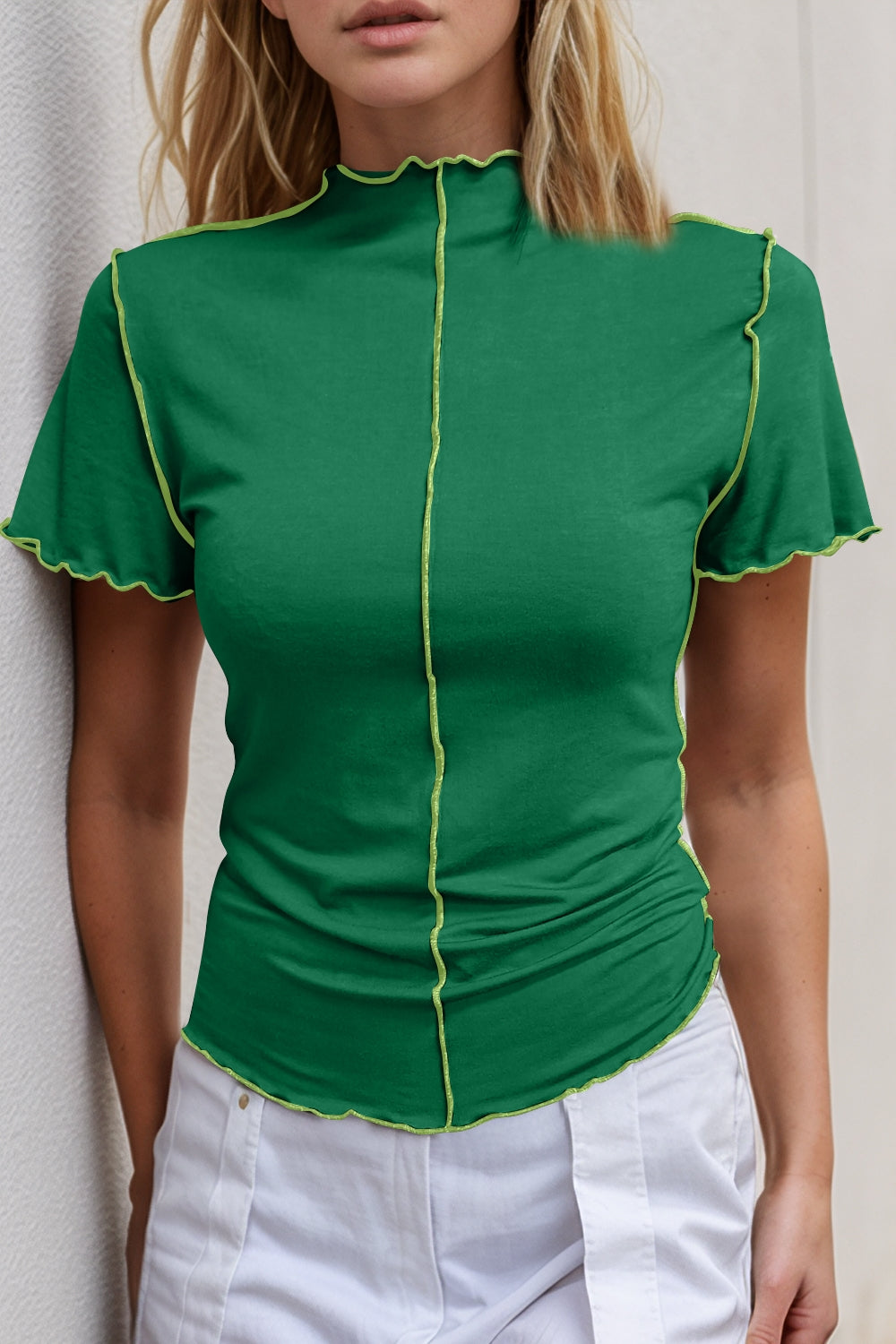 Basic Bae Contrast Trim Mock Neck Short Sleeve T-Shirt - LODIMAE FASHION 