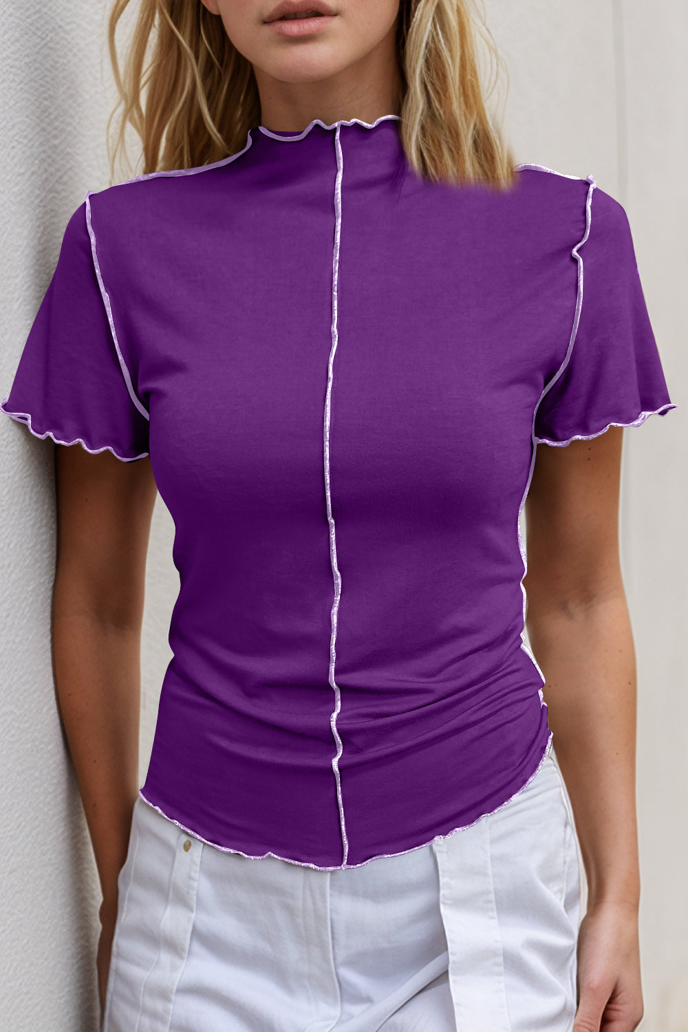 Basic Bae Contrast Trim Mock Neck Short Sleeve T-Shirt - LODIMAE FASHION 