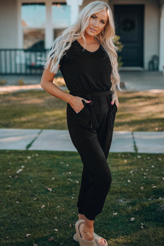 Belted V-Neck Jogger Jumpsuit - LODIMAE FASHION 