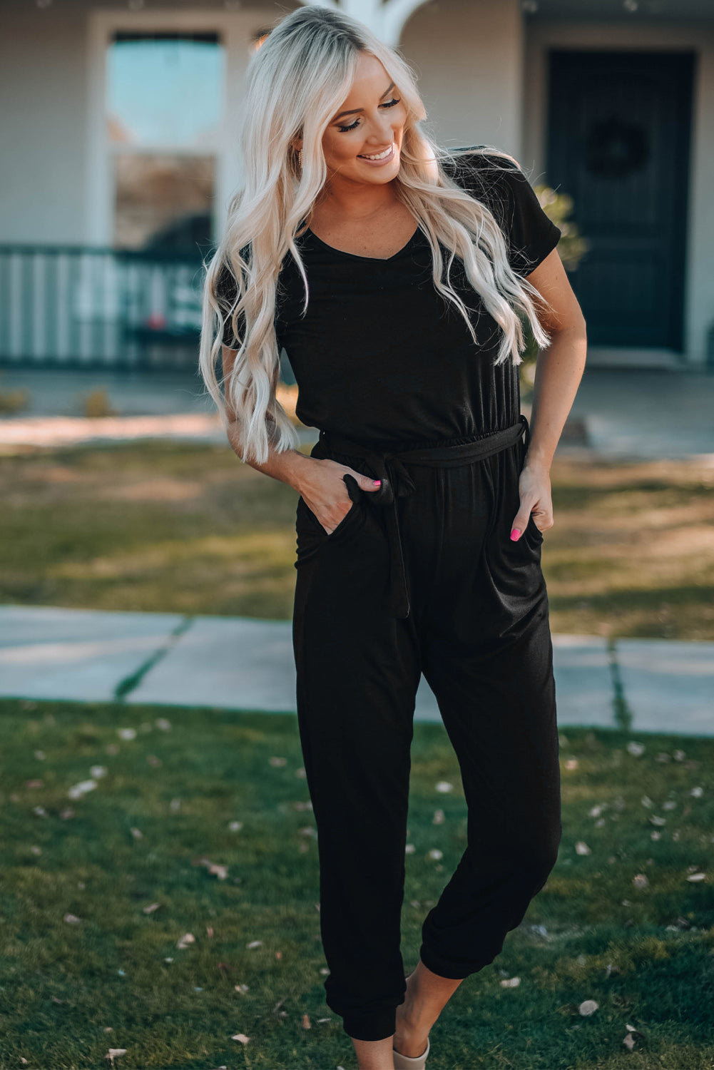 Belted V-Neck Jogger Jumpsuit - LODIMAE FASHION 