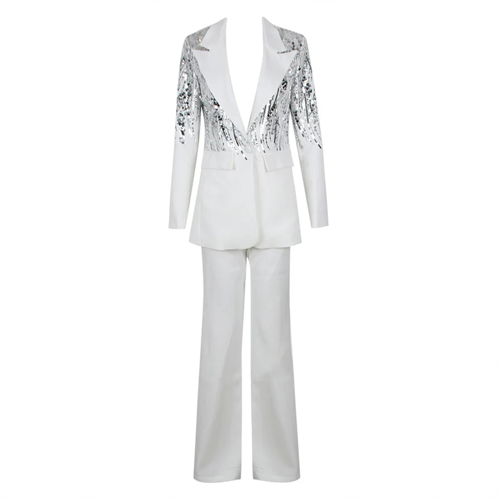 Bodycon Suit ,V Neck, Long Sleeves, and Sequins - Grace beauty H&C 
