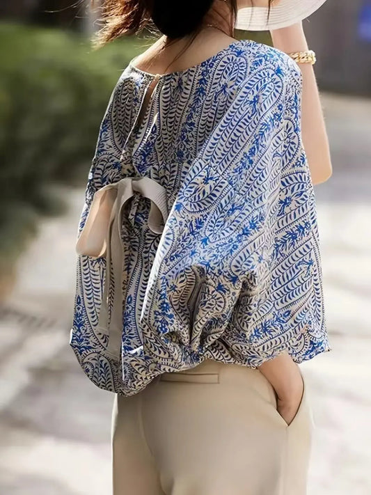 Bohemian Print Round Neck Loose Batwing Sleeve Blouse - LODIMAE FASHION 
