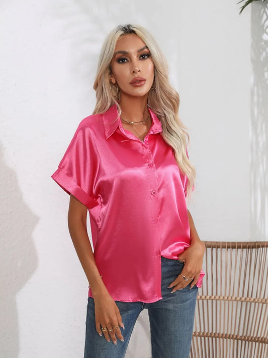 Button Down Collared Neck Short Sleeve Satin Shirt - LODIMAE FASHION 