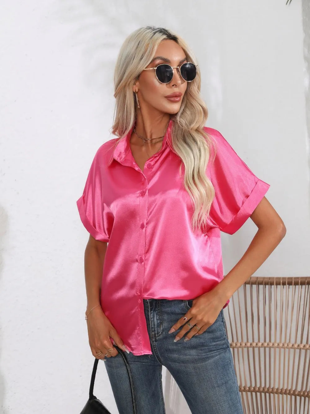 Button Down Collared Neck Short Sleeve Satin Shirt - LODIMAE FASHION 