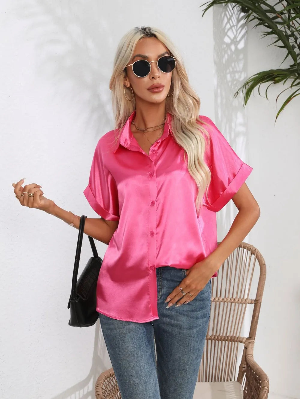 Button Down Collared Neck Short Sleeve Satin Shirt - LODIMAE FASHION 