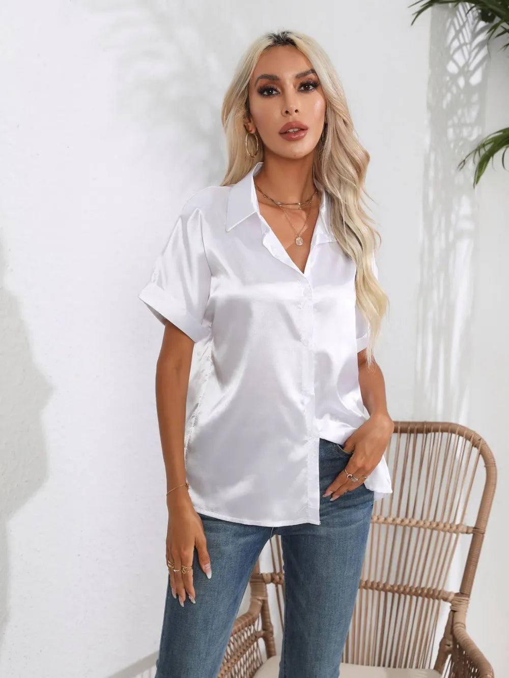 Button Down Collared Neck Short Sleeve Satin Shirt - LODIMAE FASHION 