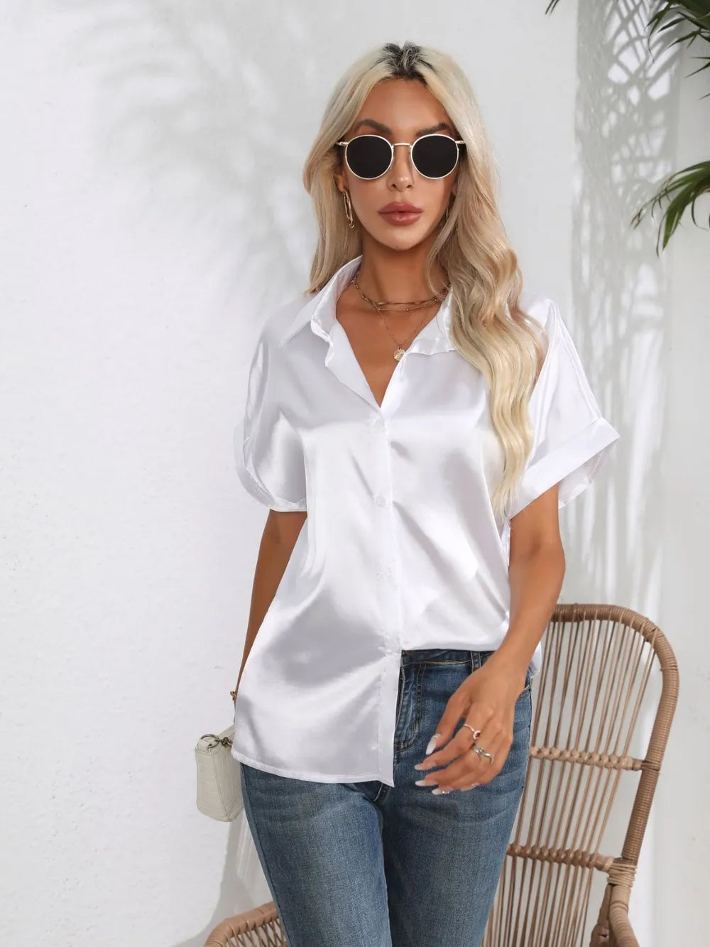 Button Down Collared Neck Short Sleeve Satin Shirt - LODIMAE FASHION 