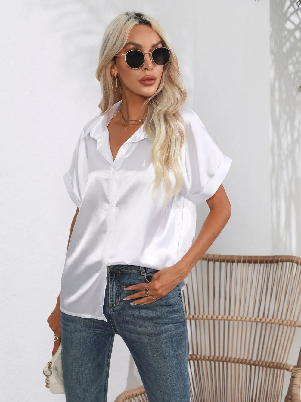 Button Down Collared Neck Short Sleeve Satin Shirt - LODIMAE FASHION 