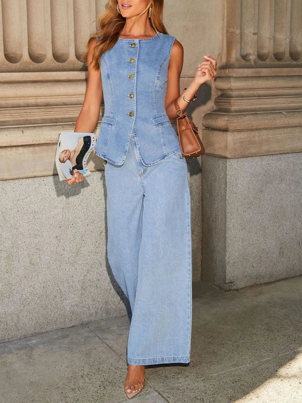 Button Down Vest and Wide Leg Jeans Denim Set - LODIMAE FASHION 