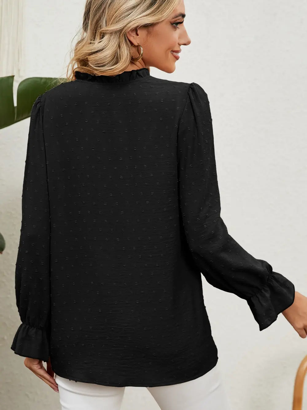 Button Up Flounce Sleeve V-Neck Shirt - LODIMAE FASHION 