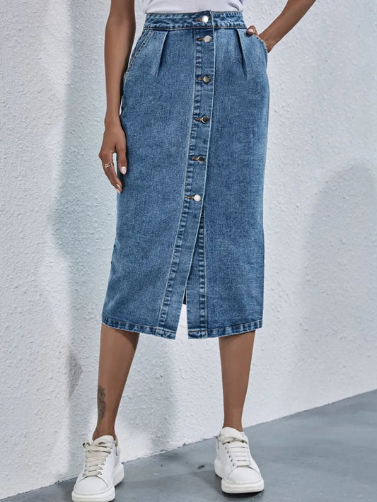 Buttoned Denim Skirt with Pockets – Classic A-Line Jean Skirt - LODIMAE FASHION 