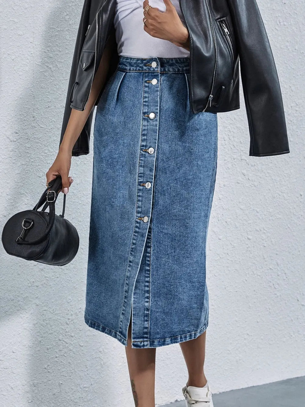 Buttoned Denim Skirt with Pockets – Classic A-Line Jean Skirt - LODIMAE FASHION 