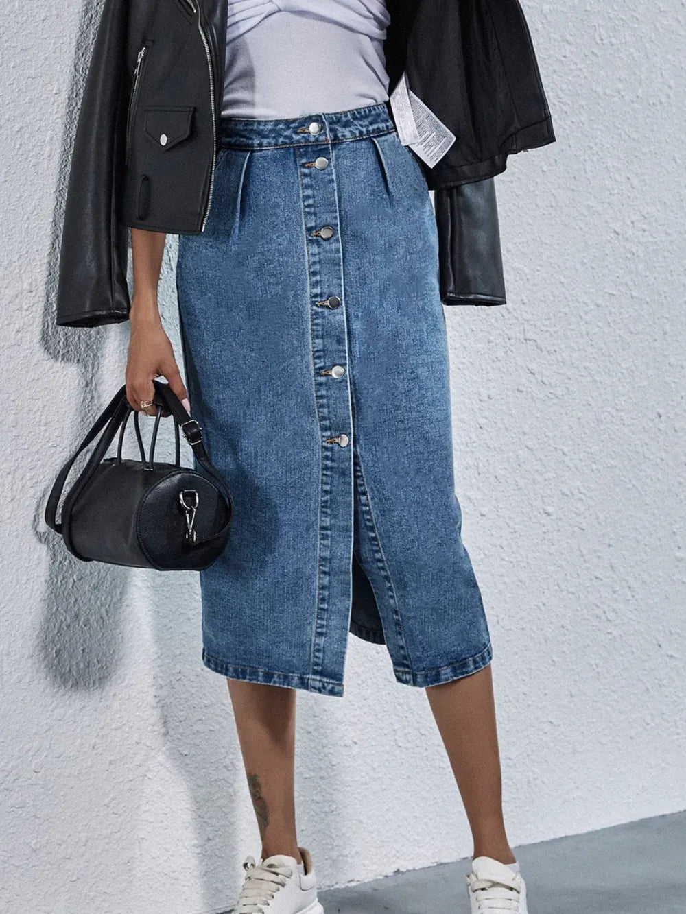 Buttoned Denim Skirt with Pockets – Classic A-Line Jean Skirt - LODIMAE FASHION 
