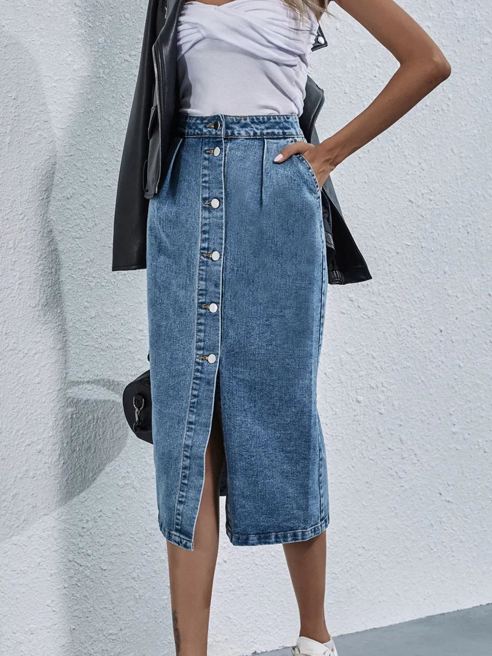 Buttoned Denim Skirt with Pockets – Classic A-Line Jean Skirt - LODIMAE FASHION 