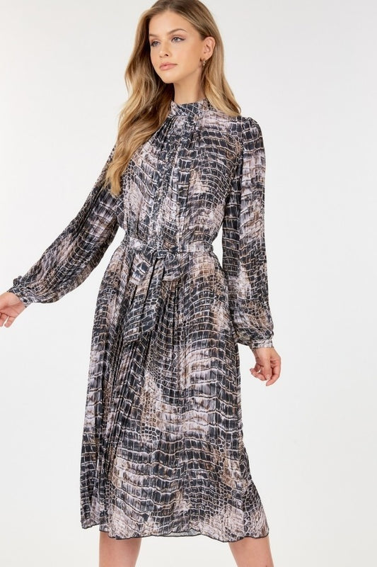 Long Sleeve Pleated Snake Skin Print Midi Dress - LODIMAE FASHION 
