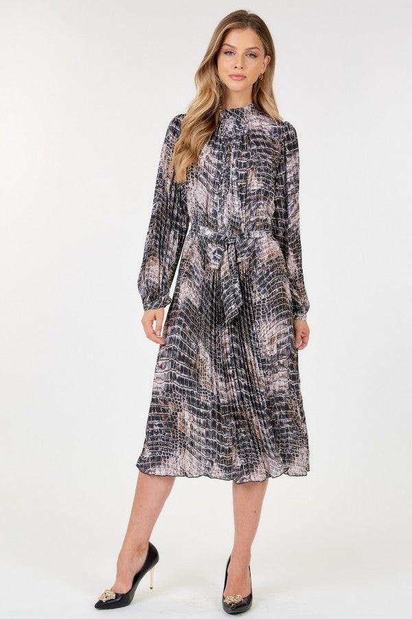 Long Sleeve Pleated Snake Skin Print Midi Dress - LODIMAE FASHION 