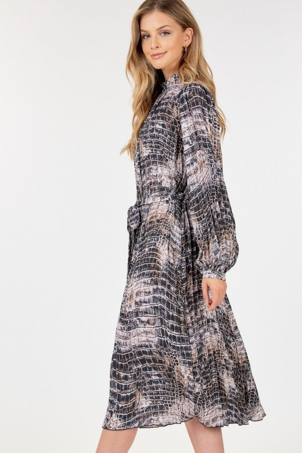 Long Sleeve Pleated Snake Skin Print Midi Dress - LODIMAE FASHION 