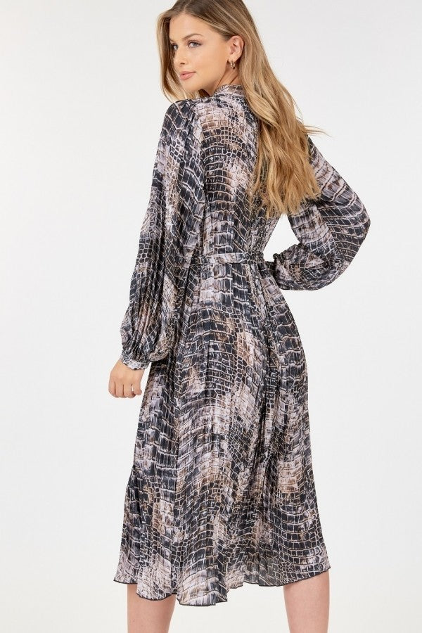 Long Sleeve Pleated Snake Skin Print Midi Dress - LODIMAE FASHION 
