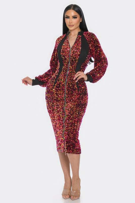 Midi 2 Way Zip Up Sequin Contrast Dress - LODIMAE FASHION 