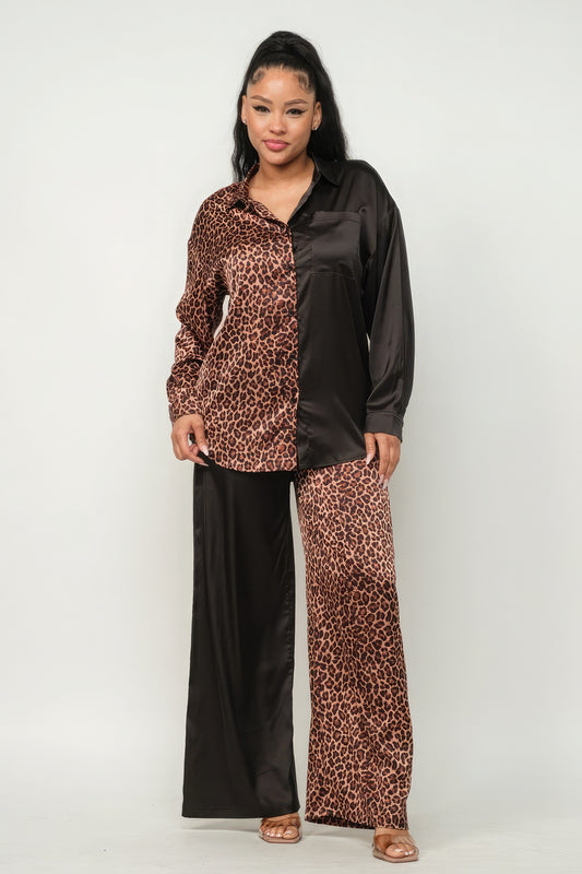 Half Animal Print And Half Solid Top And Pants Set - LODIMAE FASHION 