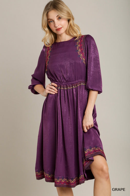 Satin Round Neck Embroidery Midi Dress - LODIMAE FASHION 