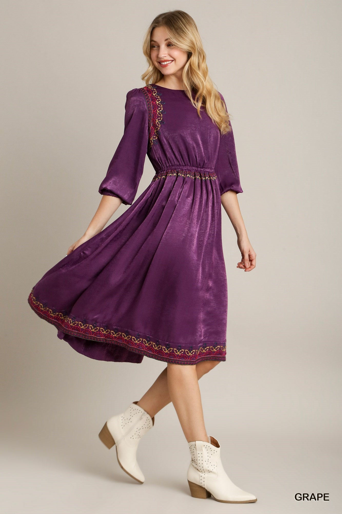 Satin Round Neck Embroidery Midi Dress - LODIMAE FASHION 