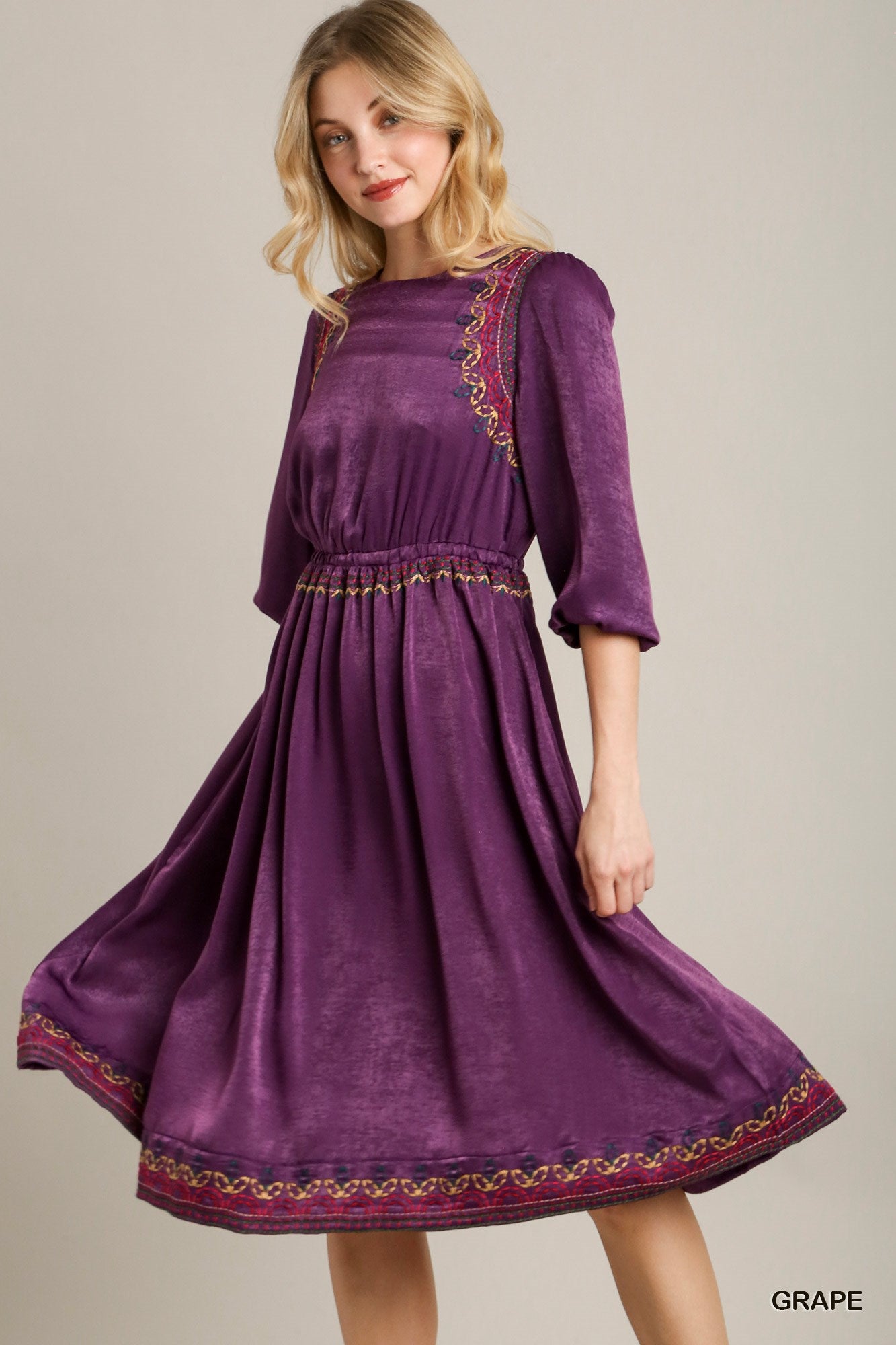 Satin Round Neck Embroidery Midi Dress - LODIMAE FASHION 