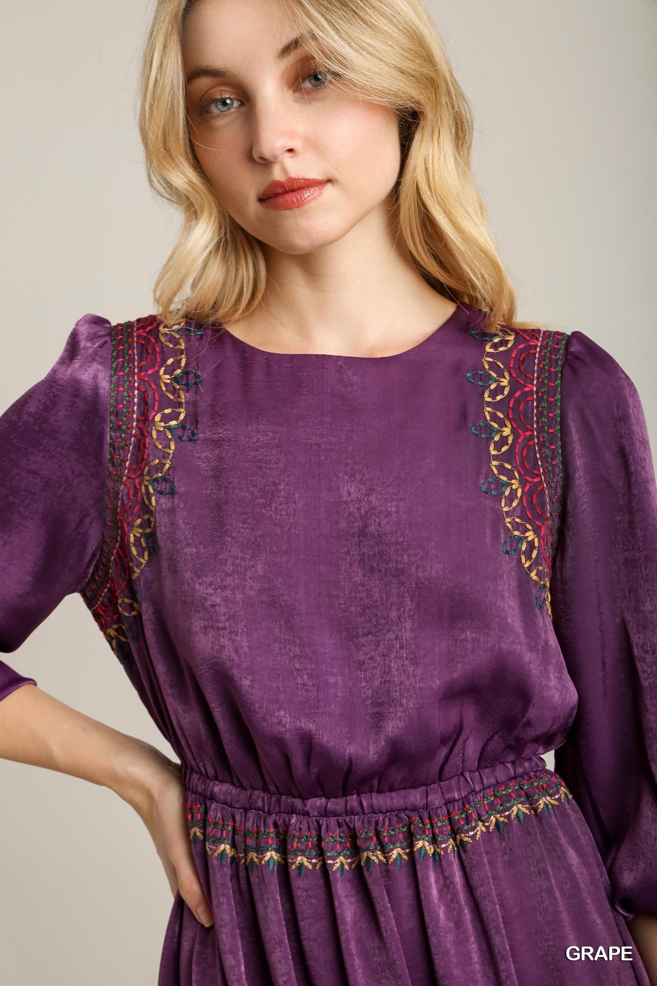 Satin Round Neck Embroidery Midi Dress - LODIMAE FASHION 
