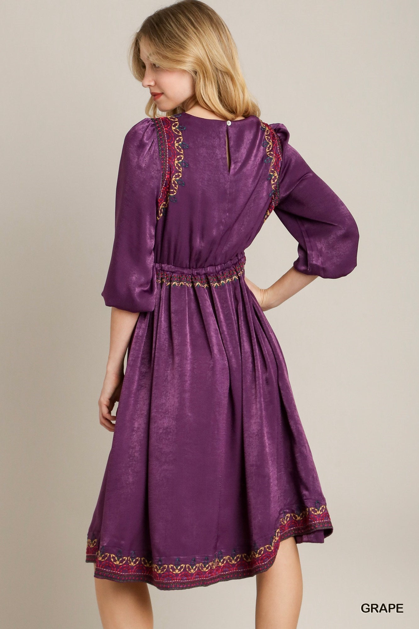 Satin Round Neck Embroidery Midi Dress - LODIMAE FASHION 