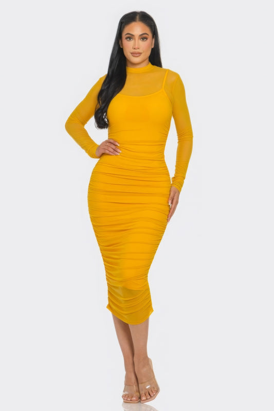 Solid Mesh Ruched Midi Dress - LODIMAE FASHION 