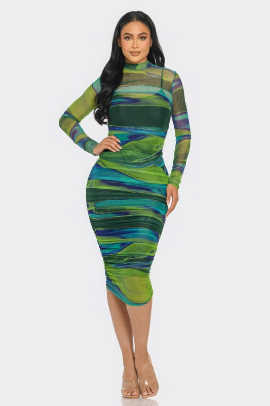 Glitch Print Mesh Ruched Midi Dress - LODIMAE FASHION 
