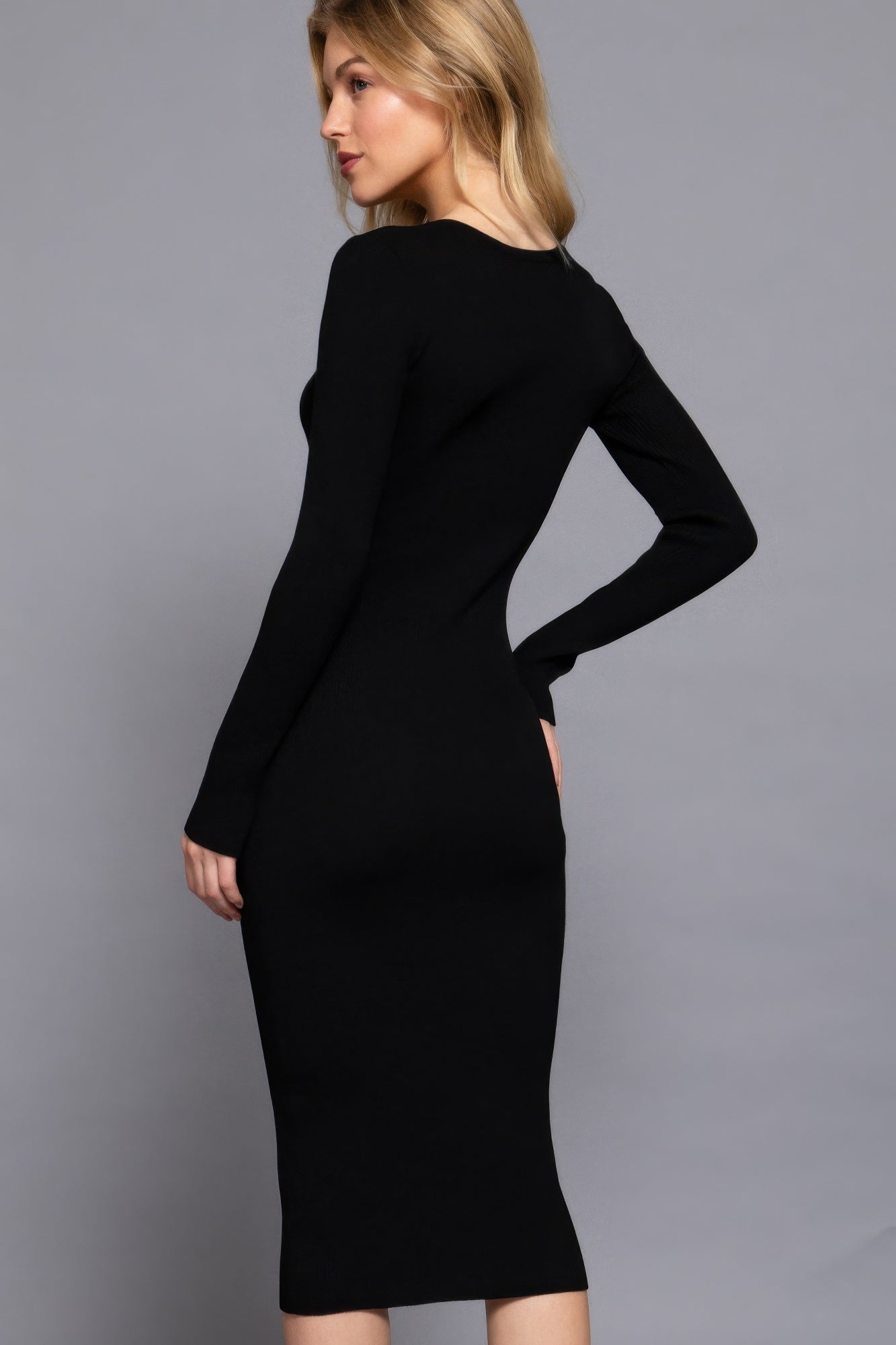Henley Neck Midi Sweater Dress - LODIMAE FASHION 