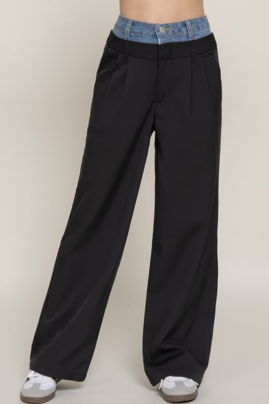 Contrast Denim Waist Straight Long Pants - LODIMAE FASHION 