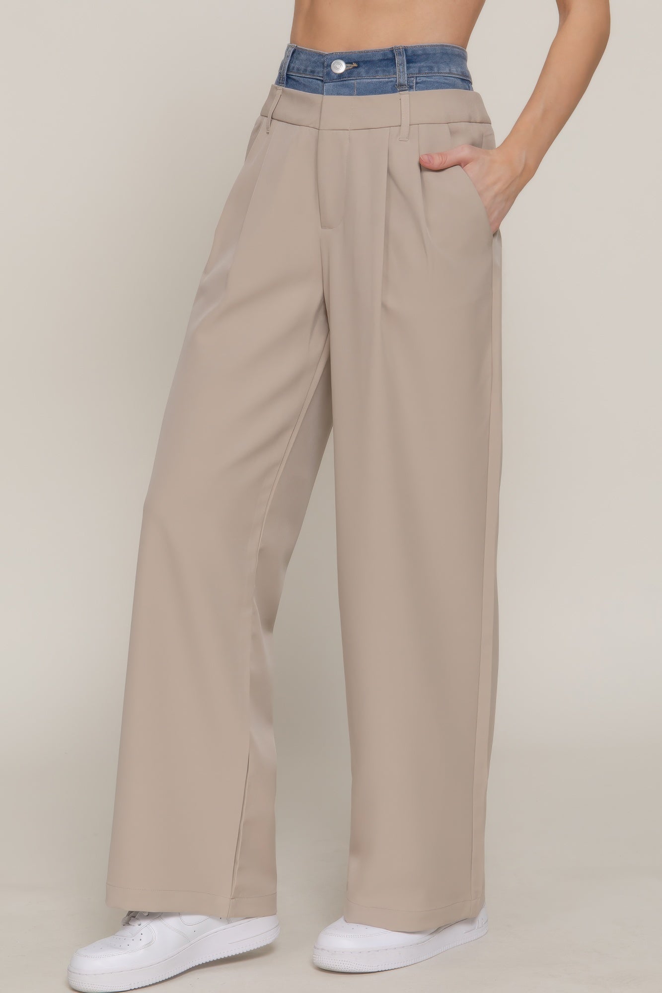 Contrast Denim Waist Straight Long Pants - LODIMAE FASHION 