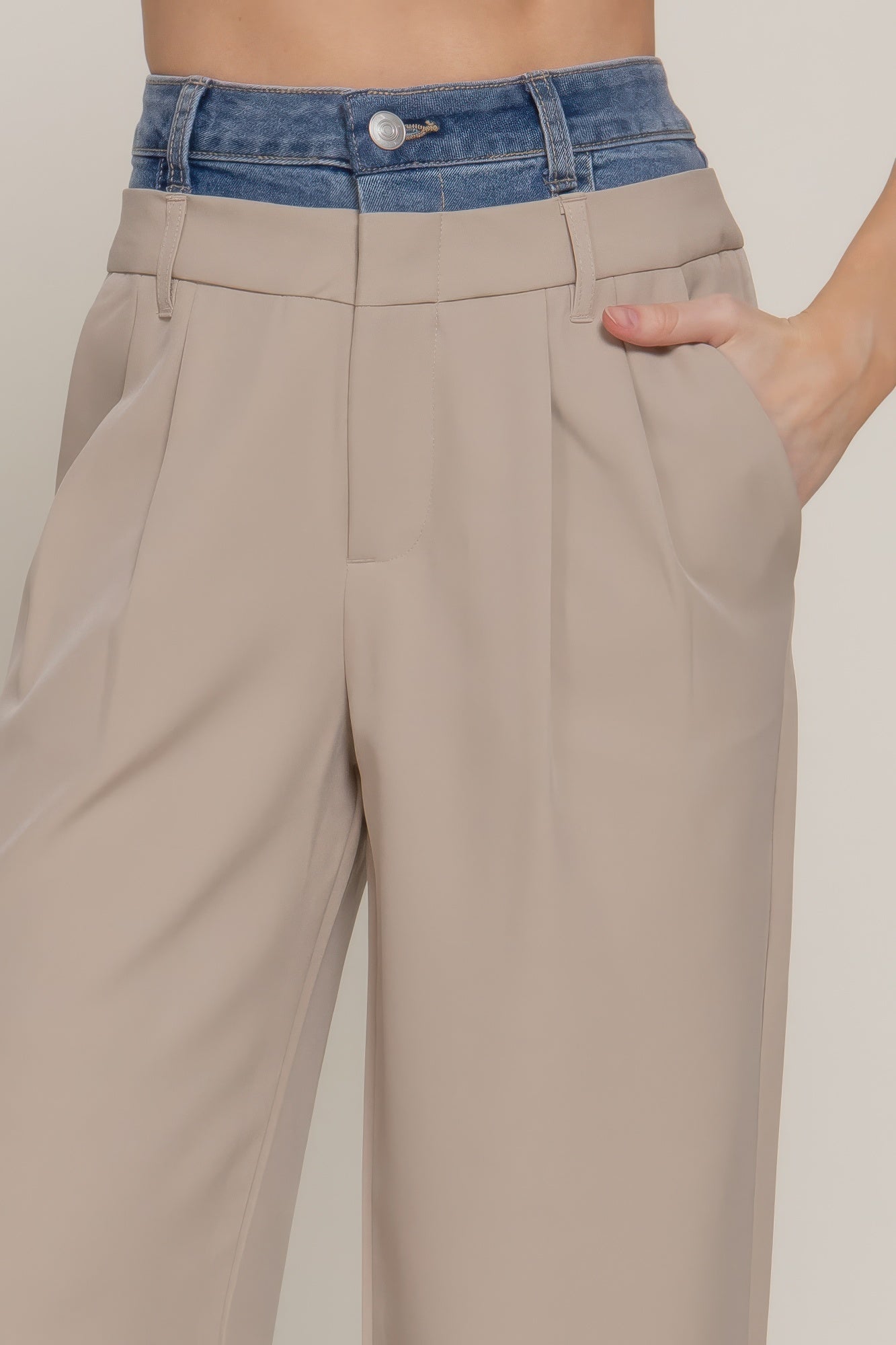 Contrast Denim Waist Straight Long Pants - LODIMAE FASHION 