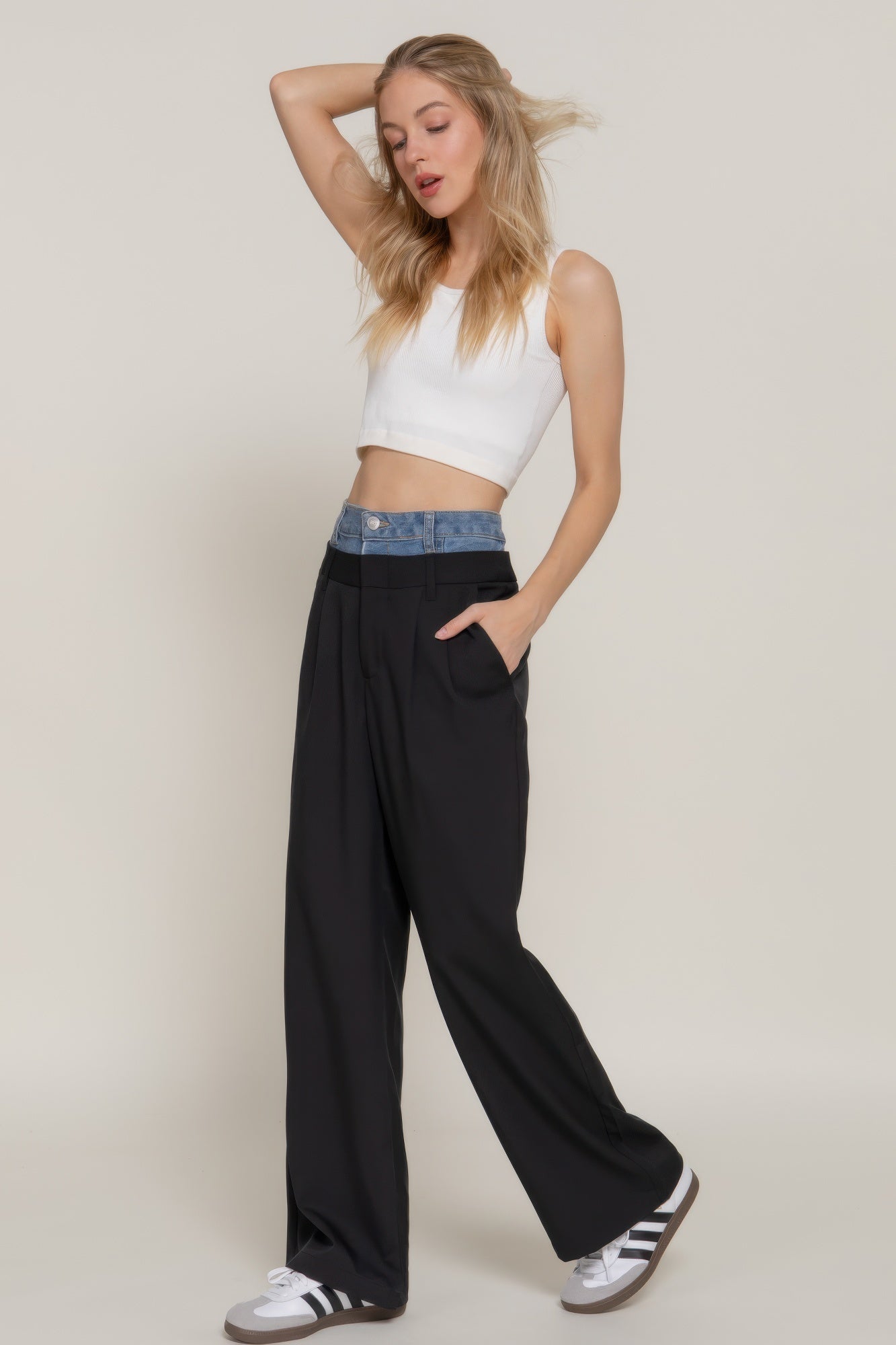 Contrast Denim Waist Straight Long Pants - LODIMAE FASHION 