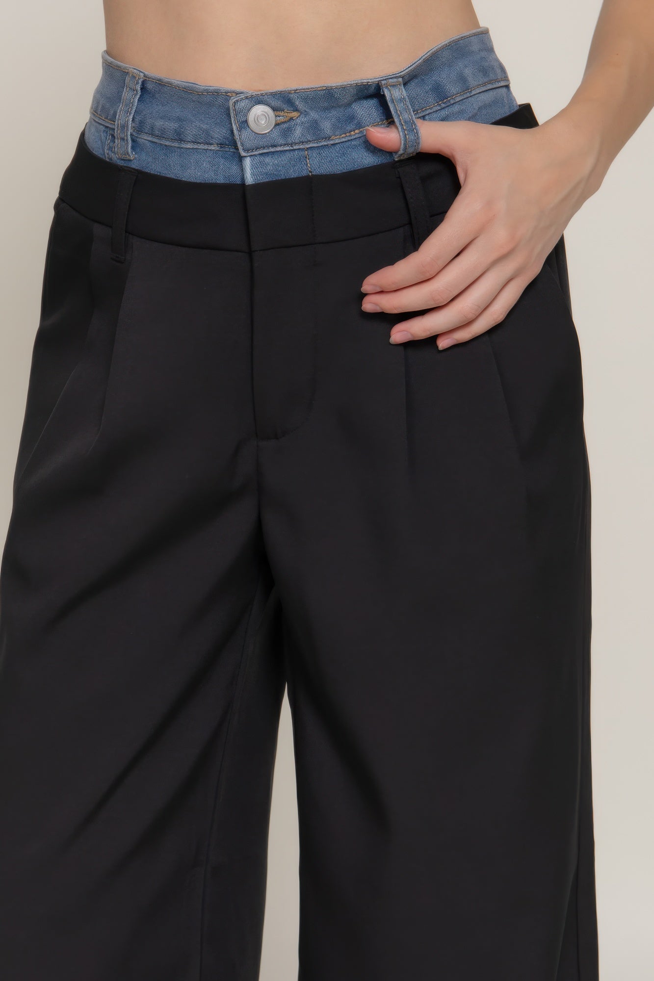 Contrast Denim Waist Straight Long Pants - LODIMAE FASHION 