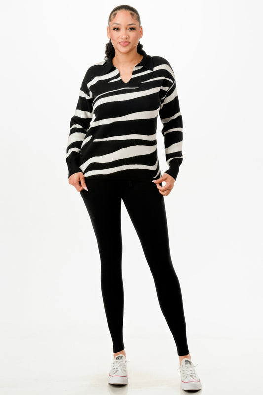 Pullover Collared V-neck Sweater Top And Pant Set - LODIMAE FASHION 