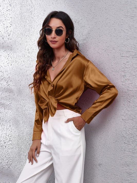 Collared Neck Buttoned Long Sleeve Shirt - LODIMAE FASHION 