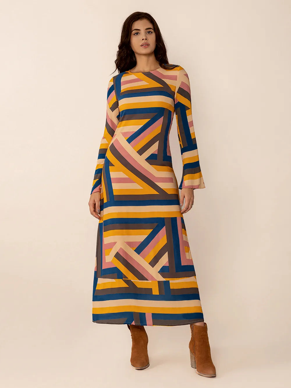 Contrast Round Neck Flare Sleeve Midi Dress - LODIMAE FASHION 