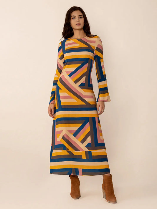 Contrast Round Neck Flare Sleeve Midi Dress - LODIMAE FASHION 