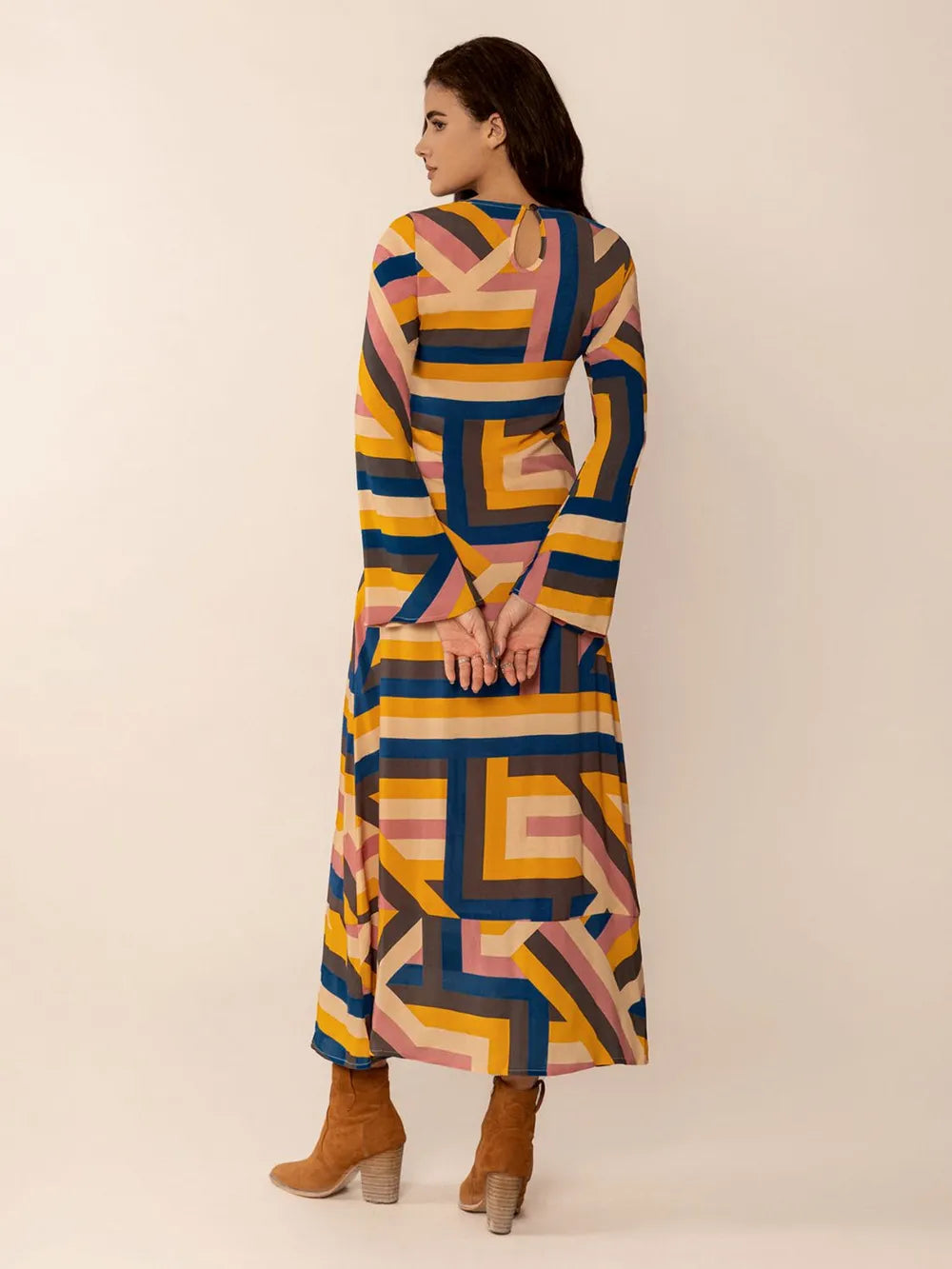 Contrast Round Neck Flare Sleeve Midi Dress - LODIMAE FASHION 