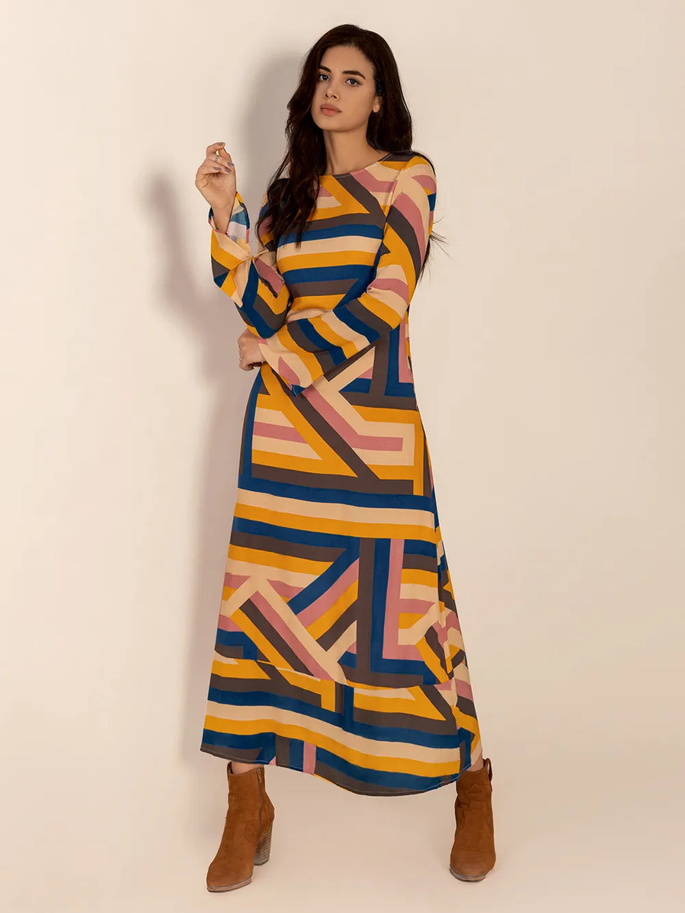 Contrast Round Neck Flare Sleeve Midi Dress - LODIMAE FASHION 