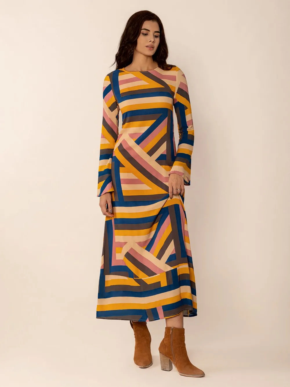 Contrast Round Neck Flare Sleeve Midi Dress - LODIMAE FASHION 