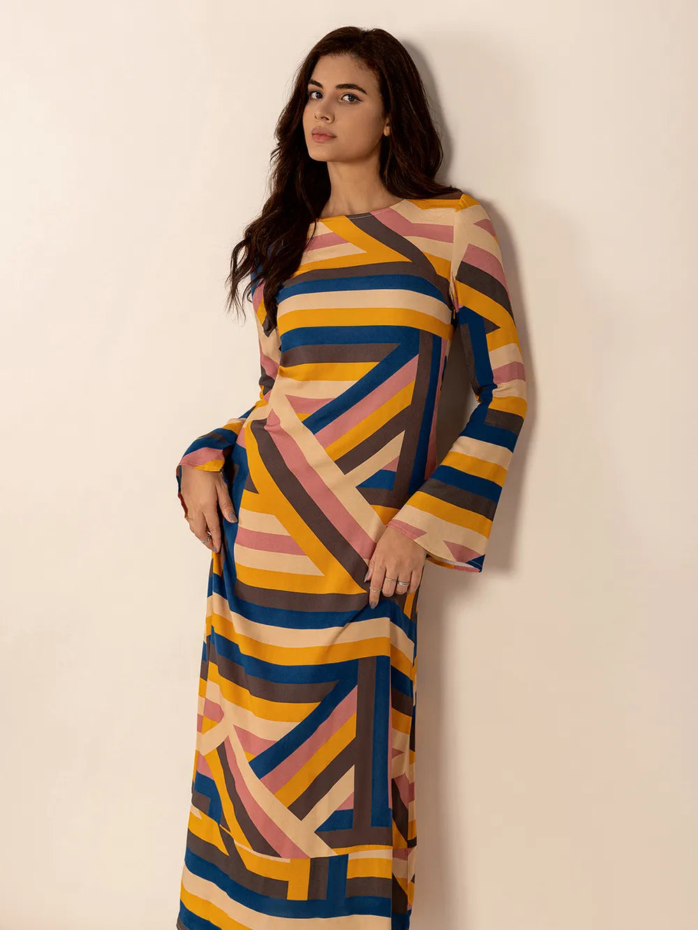 Contrast Round Neck Flare Sleeve Midi Dress - LODIMAE FASHION 