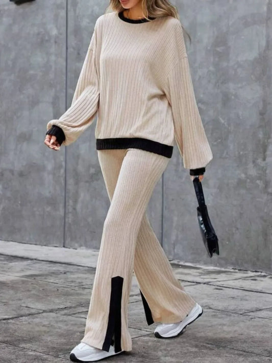Contrast Round Neck Long Sleeve Top and Bootcut Pants Set - LODIMAE FASHION 