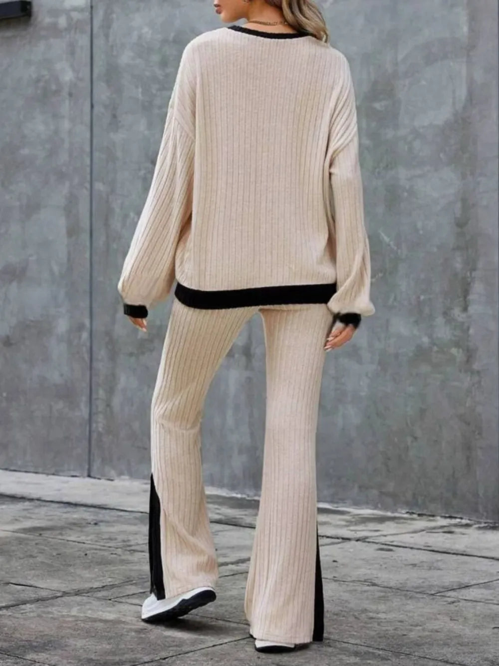 Contrast Round Neck Long Sleeve Top and Bootcut Pants Set - LODIMAE FASHION 