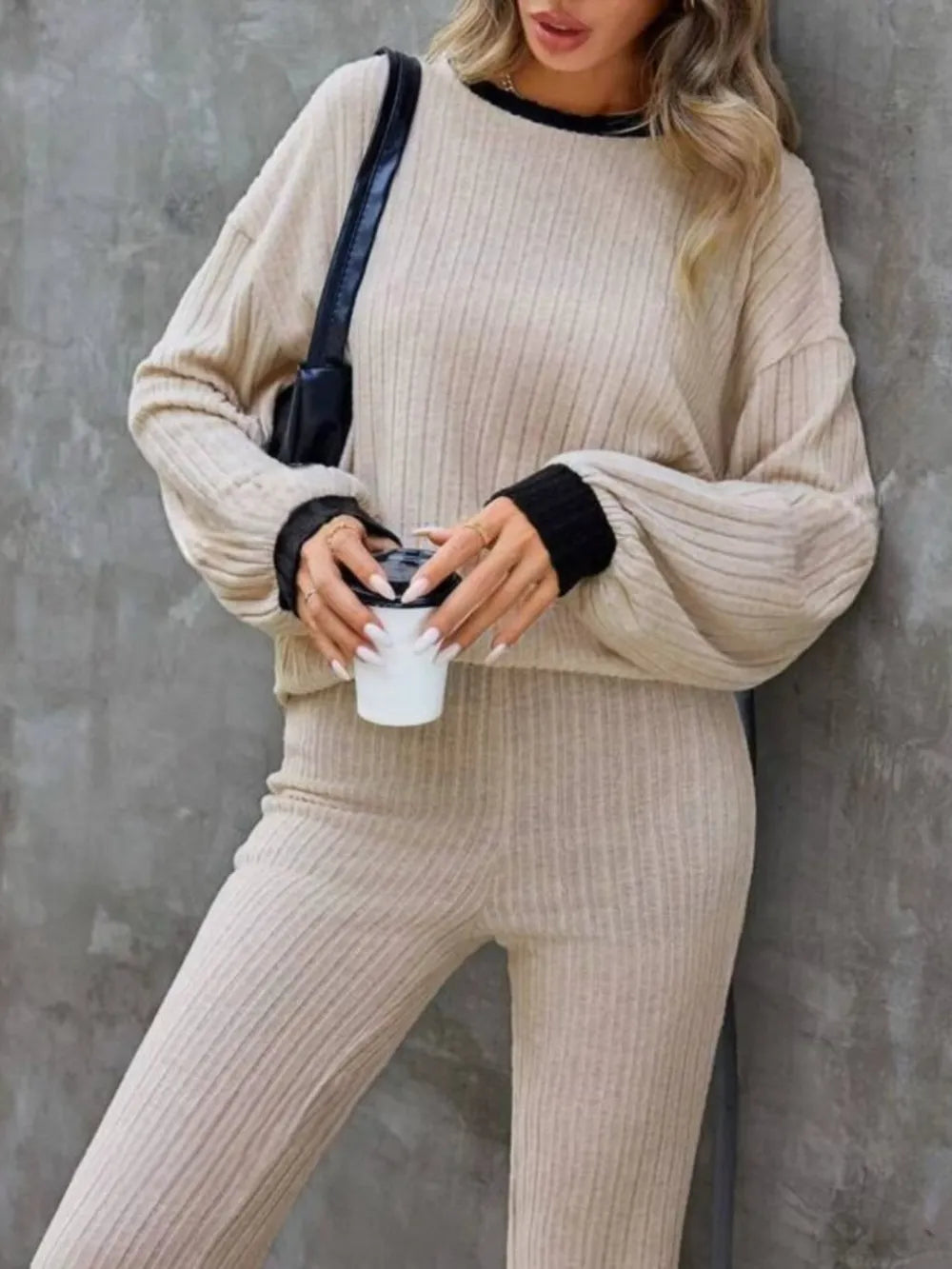 Contrast Round Neck Long Sleeve Top and Bootcut Pants Set - LODIMAE FASHION 