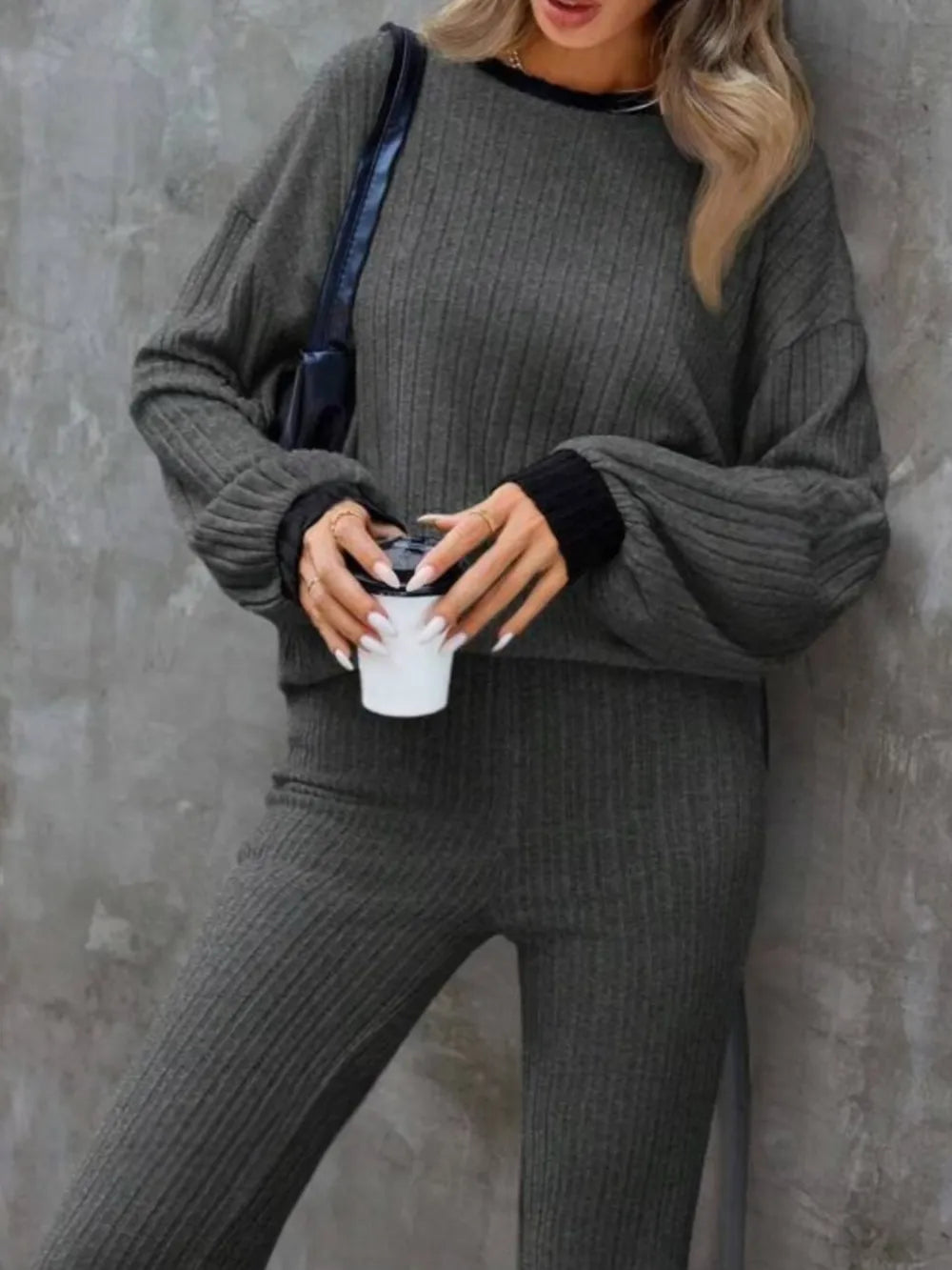 Contrast Round Neck Long Sleeve Top and Bootcut Pants Set - LODIMAE FASHION 