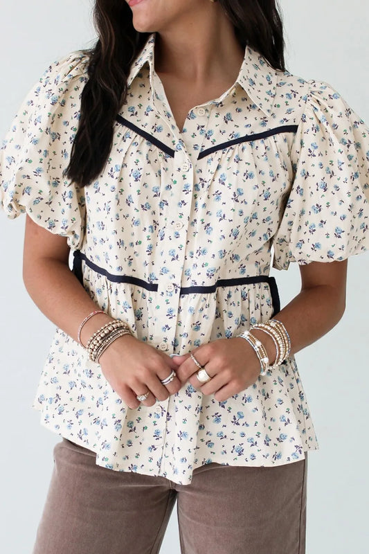 Contrast Trim Floral Puff Short Sleeve Shirt - LODIMAE FASHION 